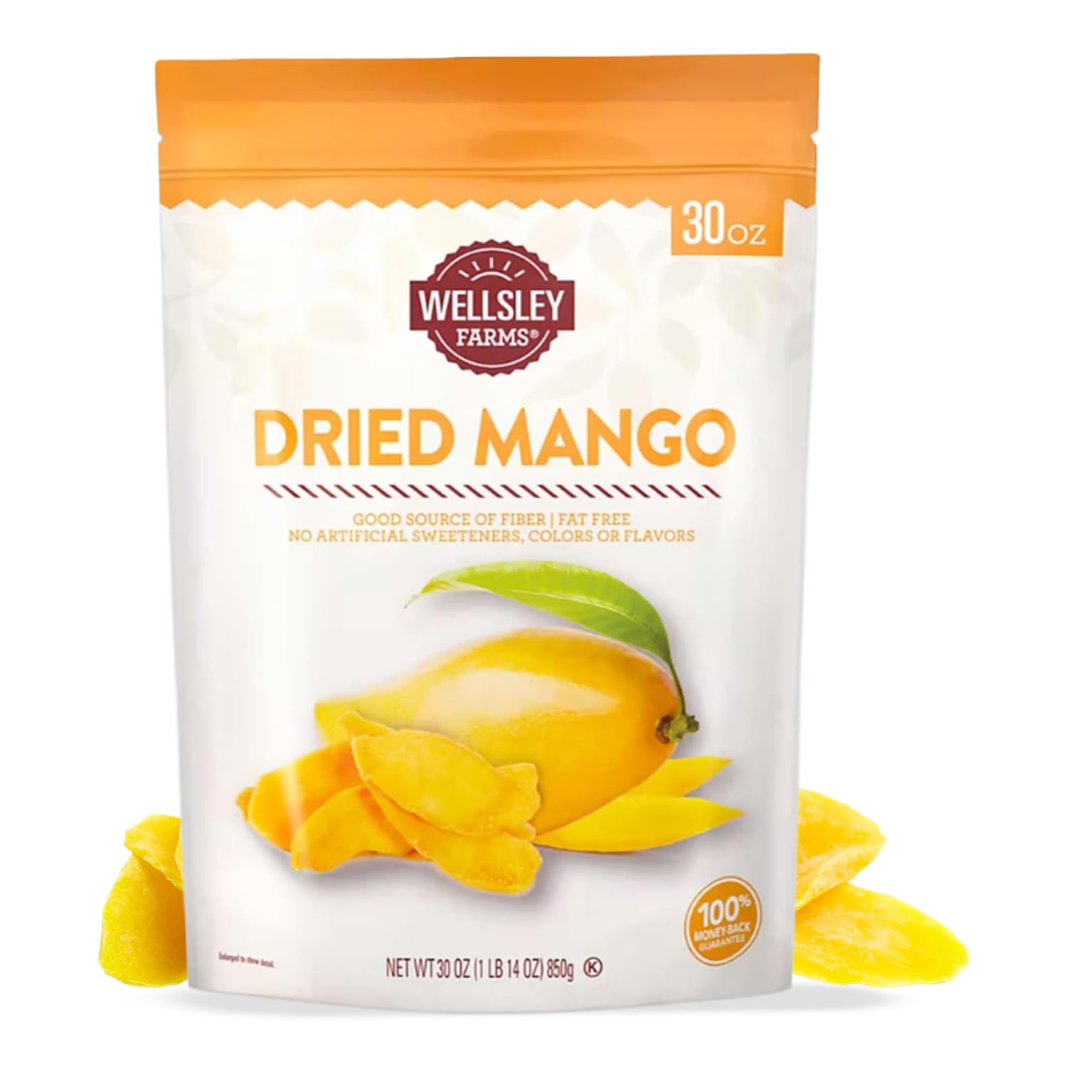 Wellsley Farms Dried Mango Slices - Non-Acidic Soft Chewy Dry Mango - Fat Free & High in Vitamin C - Good Source of Fiber - Dried Mango Snacks in Resealable Pouch for Travel & Lunch - 30oz (1 Pack)