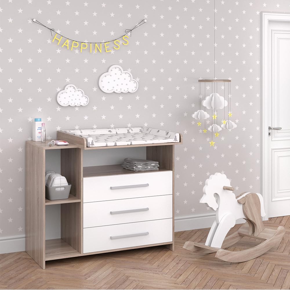 Vicco Cómoda Cambiador Oskar, Blanco/Sonoma, 113 x 100 cm, Convertible en cómoda Gracias al Cambiador extraíble