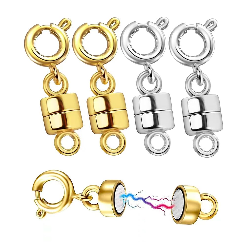 4個セット ネックレス 留め具 マグネット留め具 磁気クラスプ マグネット クラスプ エンドパーツ ジュエリー用 延長用金具 DIY用 簡単装着 接続端 ブレスレットと首飾り ネックレスと宝飾品 (金色と銀色の2つずつです)