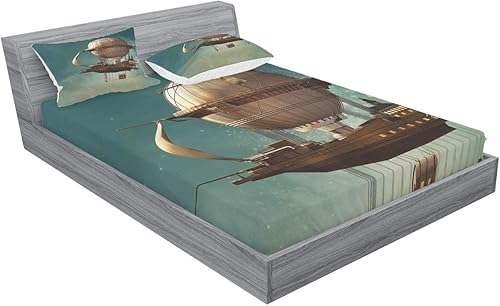 Miniatura 250 de Ambesonne Juego de sábanas bajeras y fundas de almohada con diseño de gato durmiendo en luna creciente, estrellas, sueños nocturnos, juego de ropa