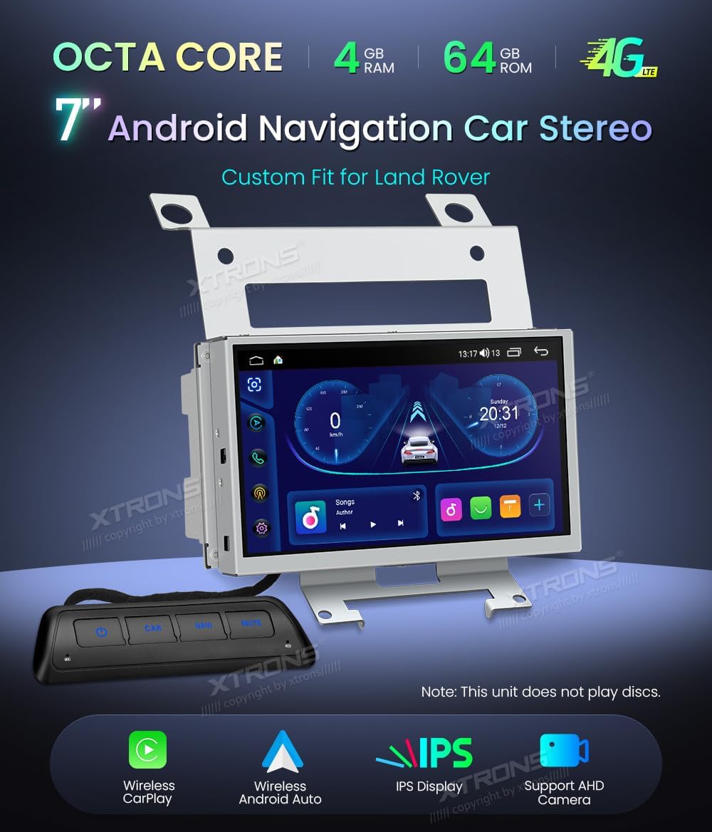 Front view of the XTRONS Android 14 car stereo unit with its remote control, highlighting its Octa Core processor, 4GB RAM, 64GB ROM, 4G connectivity, 7-inch display, Wireless CarPlay, Wireless Android Auto, IPS display, and AHD camera support.