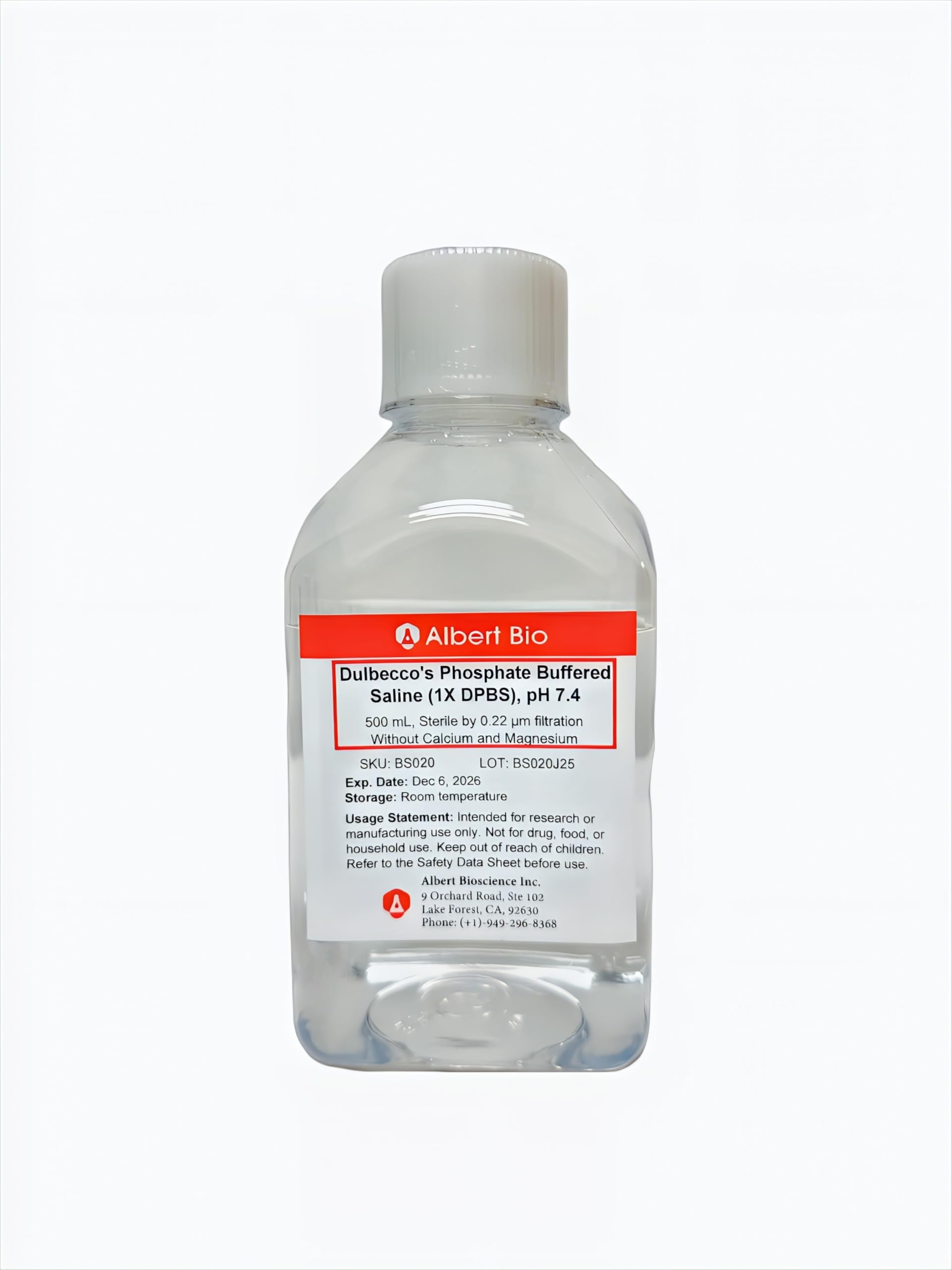Dulbecco's Phosphate Buffered Saline (1X DPBS), pH 7.4, 500 mL, Sterile by 0.22 μm Filtration Without Calcium and Magnesium, Made in USA