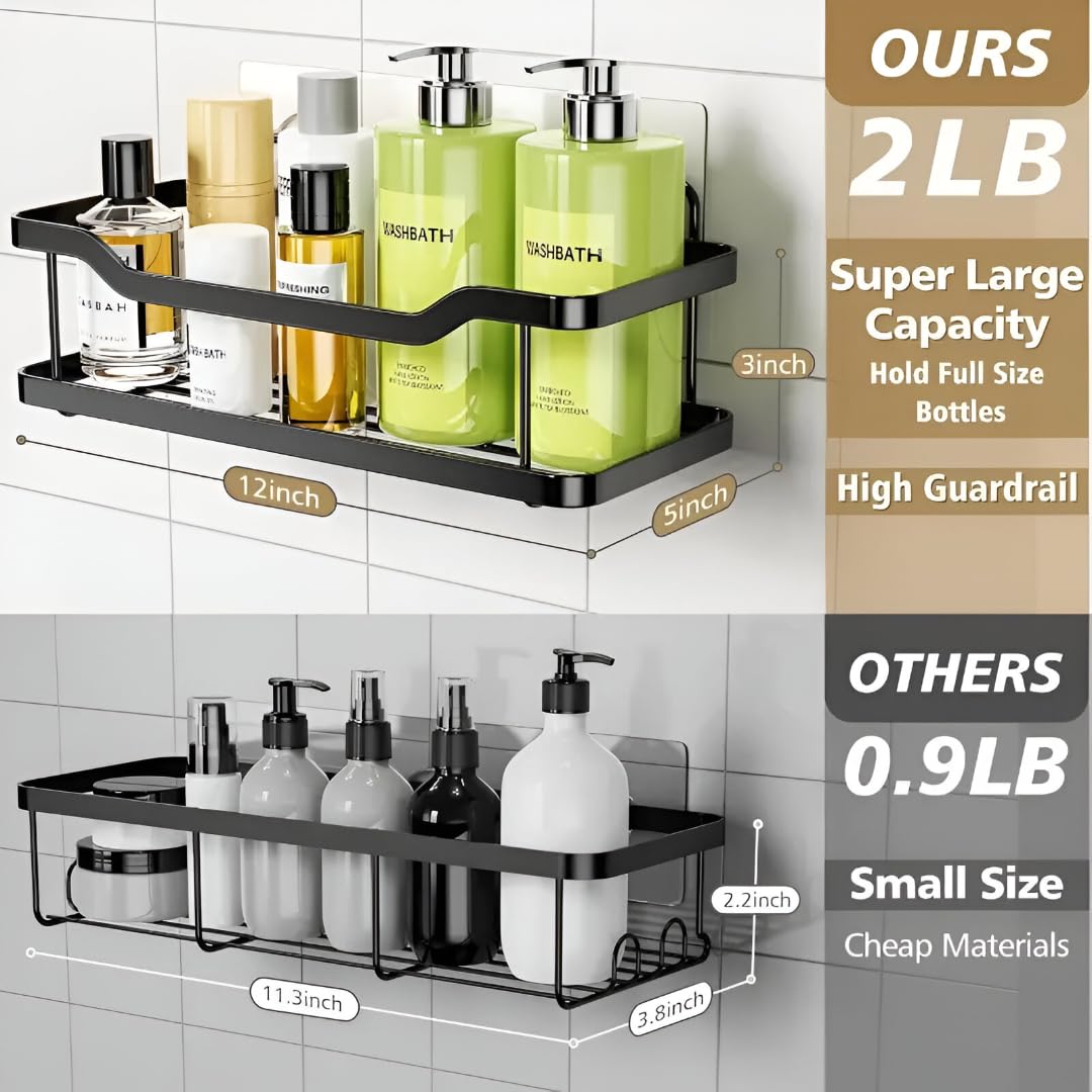 KYMIO Metal Wall Mounted Black Bathroom Shelf Organizer No Drill Shower Caddy for Toiletries, Rustproof Storage Rack with Hooks for Shampoo, Soap, Toothbrush Adhesive Bathroom Rack for Tile Walls (1) - Image 6 thumbnail