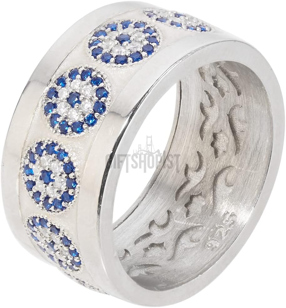 Nazar ! Turkish Handmade Jewelry White Enamel Evil Eye Sapphire Topaz Sterling Silver Ring Size With Multiple Size Options