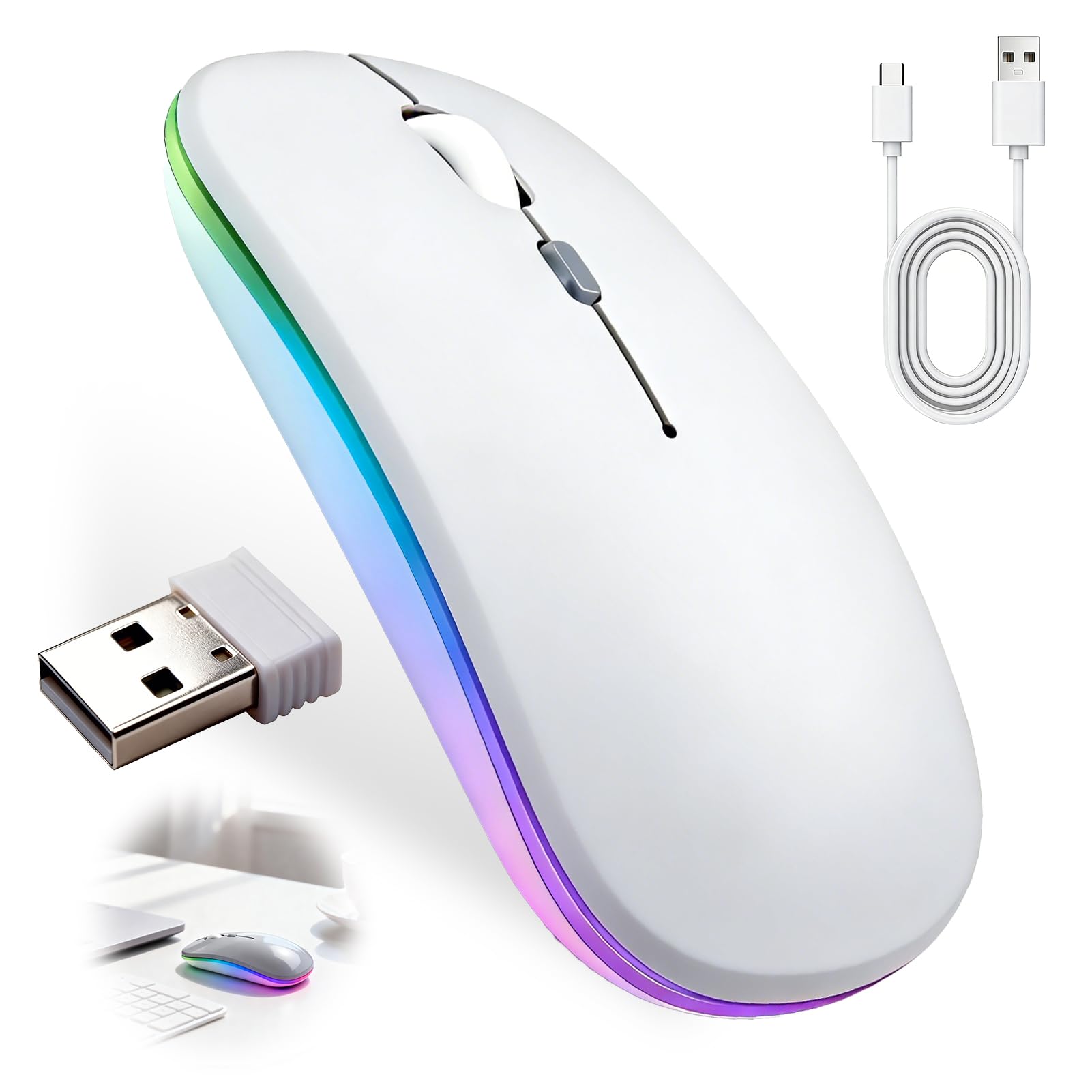 Souris sans Fil Rechargeable, Souris Bluetooth (BT 5.1+2.4G sans Fil), 1200 DPI Souris Silencieuse Ultra-Mince, Wireless Mouse Deux Modes pour MacBook/Tablette/iPad/Ordinateur Portable/PC/Notebook