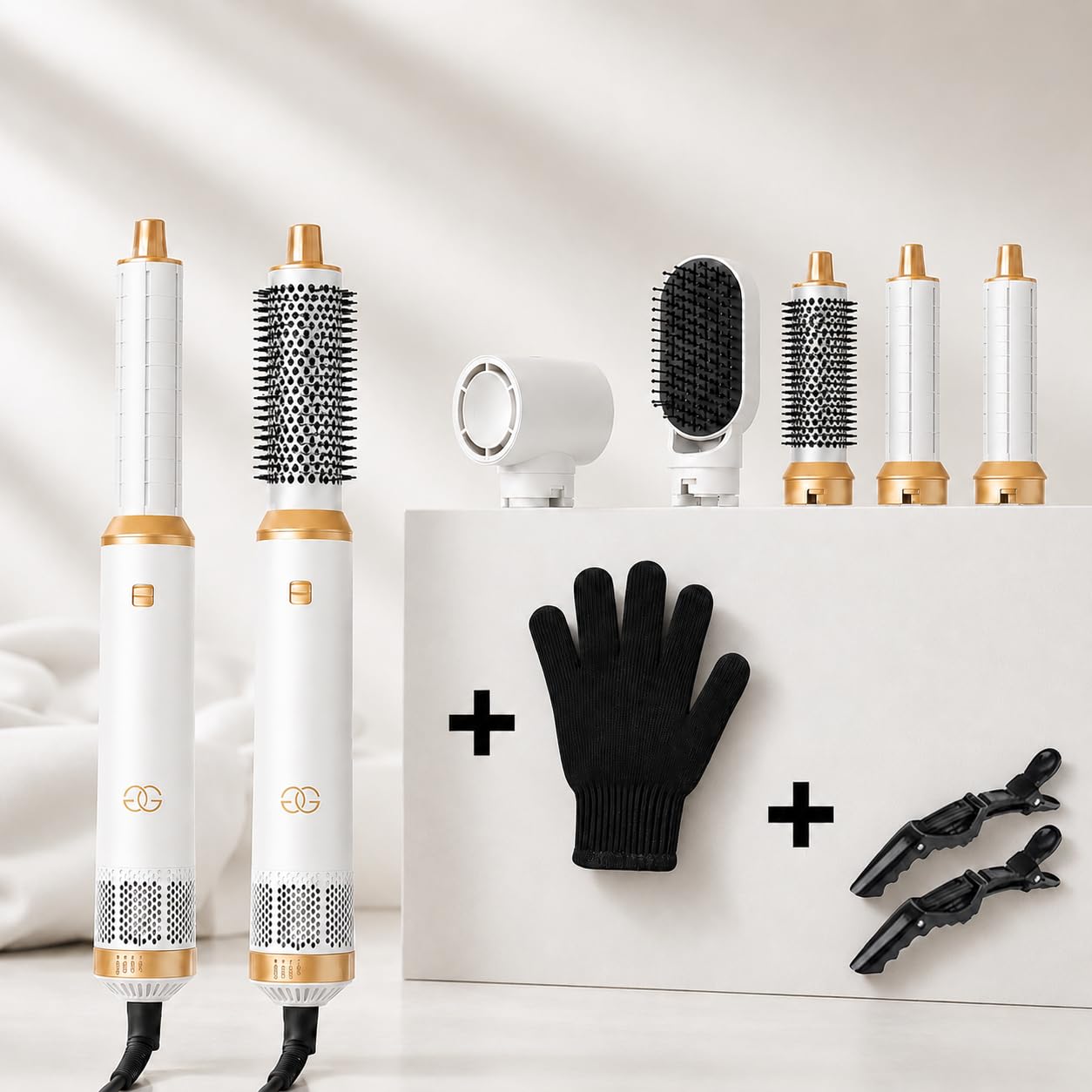 Cepillo secador de pelo 5 en 1 Golden Goods Multistyler, secador Airstyler con 5 accesorios cepillo de peinado caliente, secador ionico, Para alisar, rizar y secar, White/Gold Edition