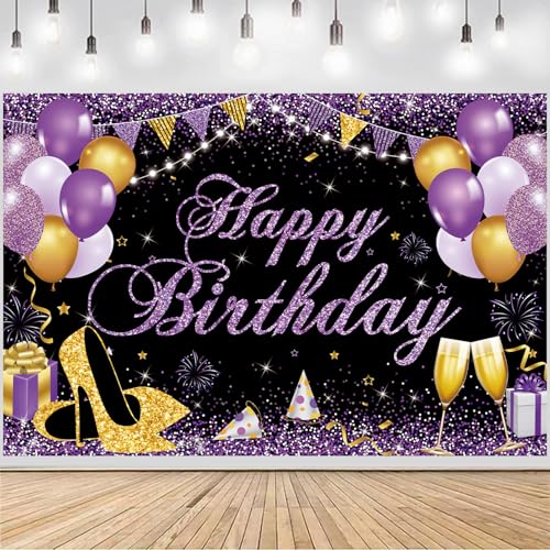 Image of Happy Birthday Banner - Birthday Decorations for Women Girls Purple Birthday Party Banners Welcome Happy Birthday Background Sign for Theme Party Decorations Indoor Outdoor
