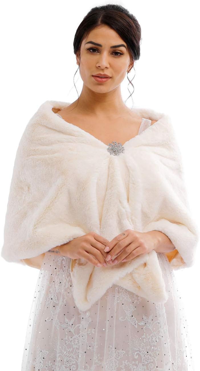 Women's Bride Wedding Faux Fur Shawl Wrap Bridal Fur Scarf Fur Wraps and Shawls for Women