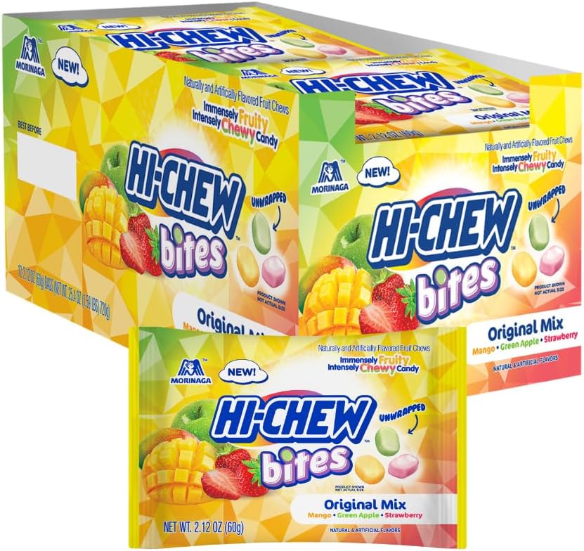 HI-CHEW Bites Original Mix Bulk Candy, Pack of 12 Bags, 2.12oz each - Mango Green Apple Strawberry Chewlets - Unique Fun Soft & Chewy Taffy Candy, Immensely Juicy Fruit Flavors