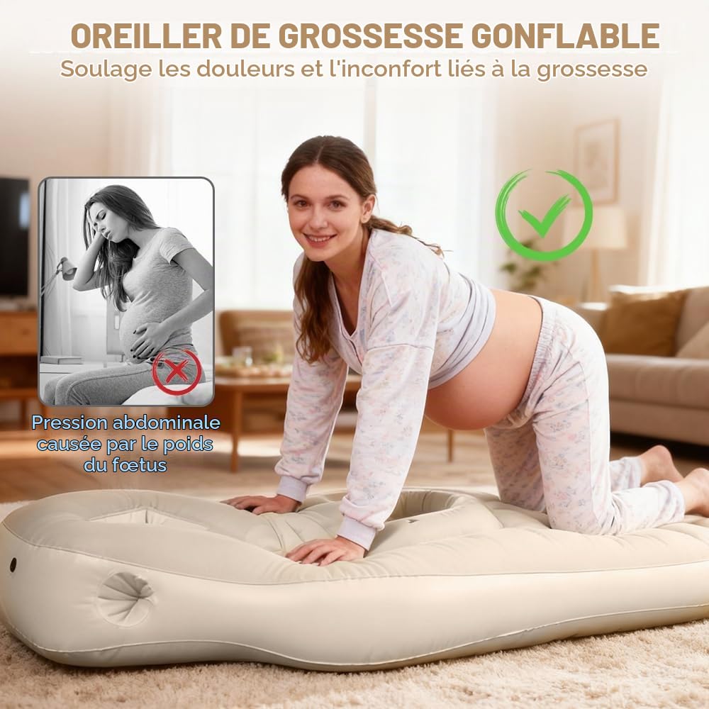 Coussin Gonflable de Grossesse, Cousin de Grossesse pour Dormir, Tapis de Yoga pour Femmes Enceintes avec Trou, Matelas Gonflable Floqué Confortable, Matelas Gonflable pour Femme Enceinte