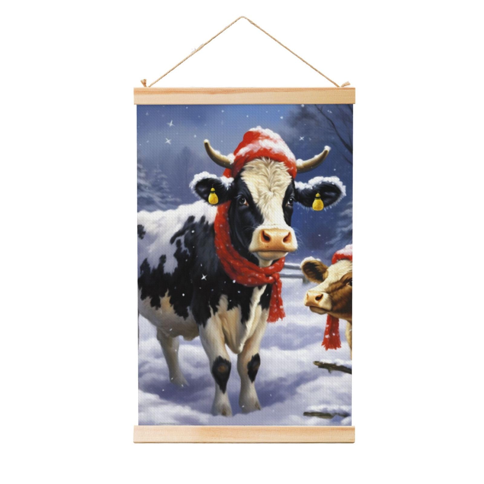 christmas snow Cow Posters Wooden Shaft Hanging Poster Canvas Prints Scroll Wall Art Painting Vintage Wall Banner Modern Artwork Decor for Home Decor Ready to Hang 20"x30"