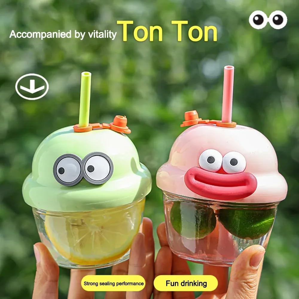 Avastro 210ml Dundun Cup Cartoon Glass Cup with Lid and Straw Bubble Tea Cup Juice Glass Milk Mocha Cups Breakfast Mug Drinkware Pack of 2 4