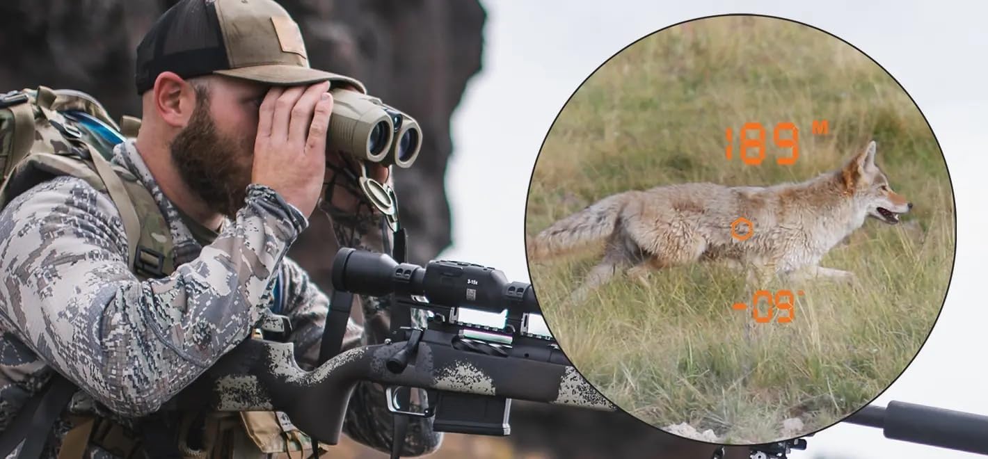 Man using ATN binoculars to range a coyote, with rangefinder display overlay