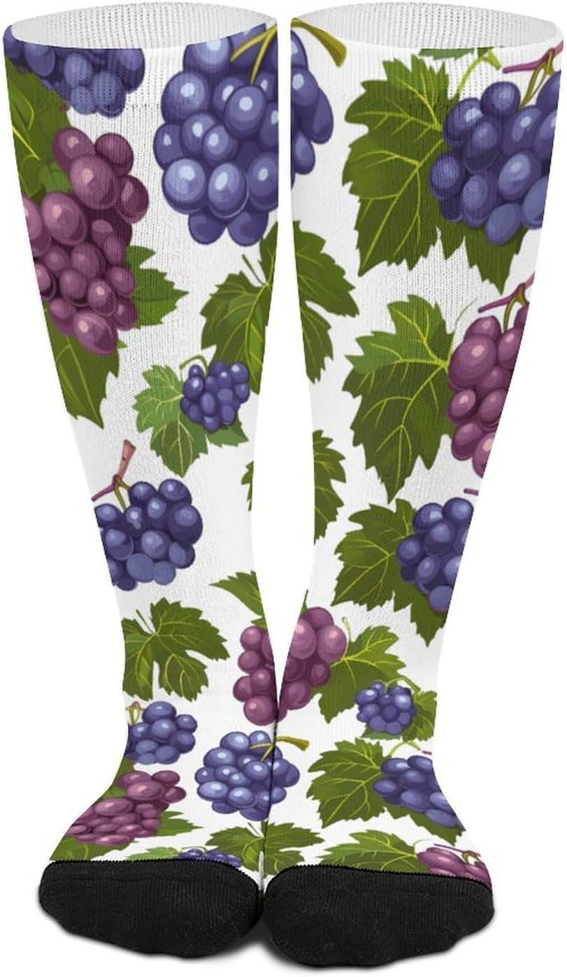 Purple Grapes with Green Leaves Knee High Socks Athletic Long Stockings Sport Casual Crew Tube Sock Boot 46cm