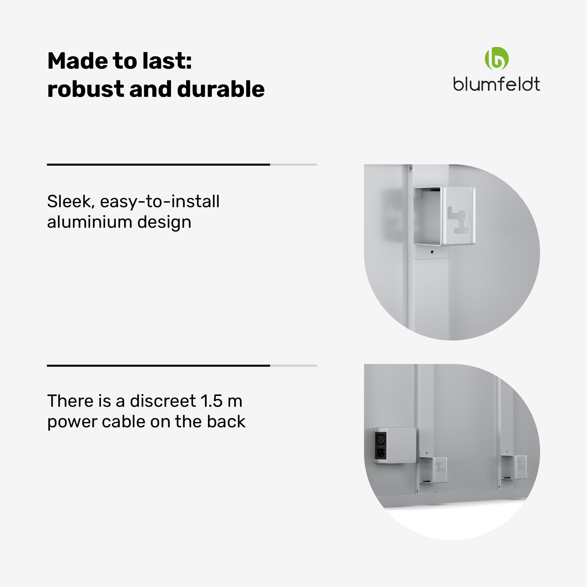 Blumfeldt Ogrzewanie ścienne na podczerwień 600W – Montaż ścienny, Zewnętrzny termostat, Sterowanie aplikacją, 95% efektywności, Do 10-15 m², Aluminium, Zabezpieczenie przed przegrzaniem, Łazienka