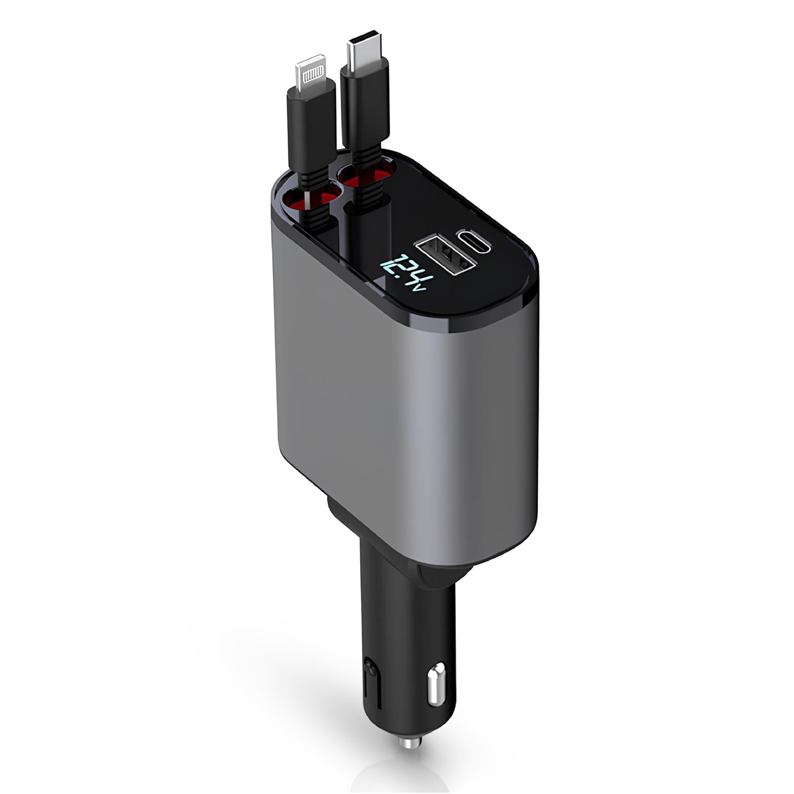 Upgraded Retractable Car Charger, 4 in 1 Fast Charging Car Charger 60W, Retractable Cable and 2 USB Ports Car Charger Adapter Compatible with iPhone 15 14 13 12 11 Pro Max, Galaxy S23