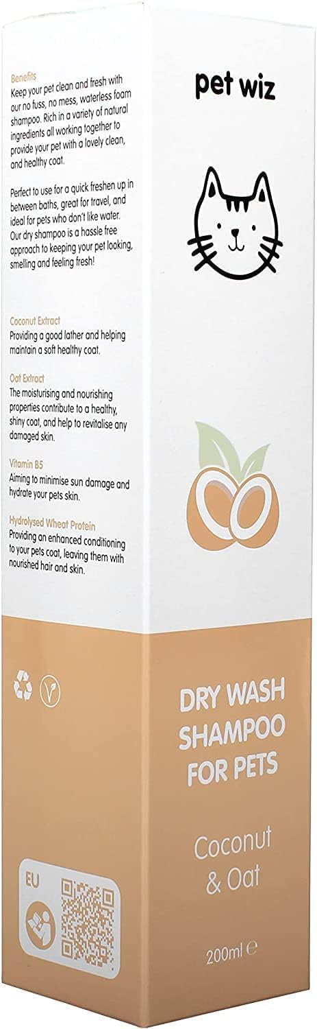 Shampooing de Lavage à Sec pour Animaux de Compagnie - Apaisant et Désodorisant, Ingrédients Naturels, Séchage Rapide et sans Rinçage (Noix de Coco & Avoine)