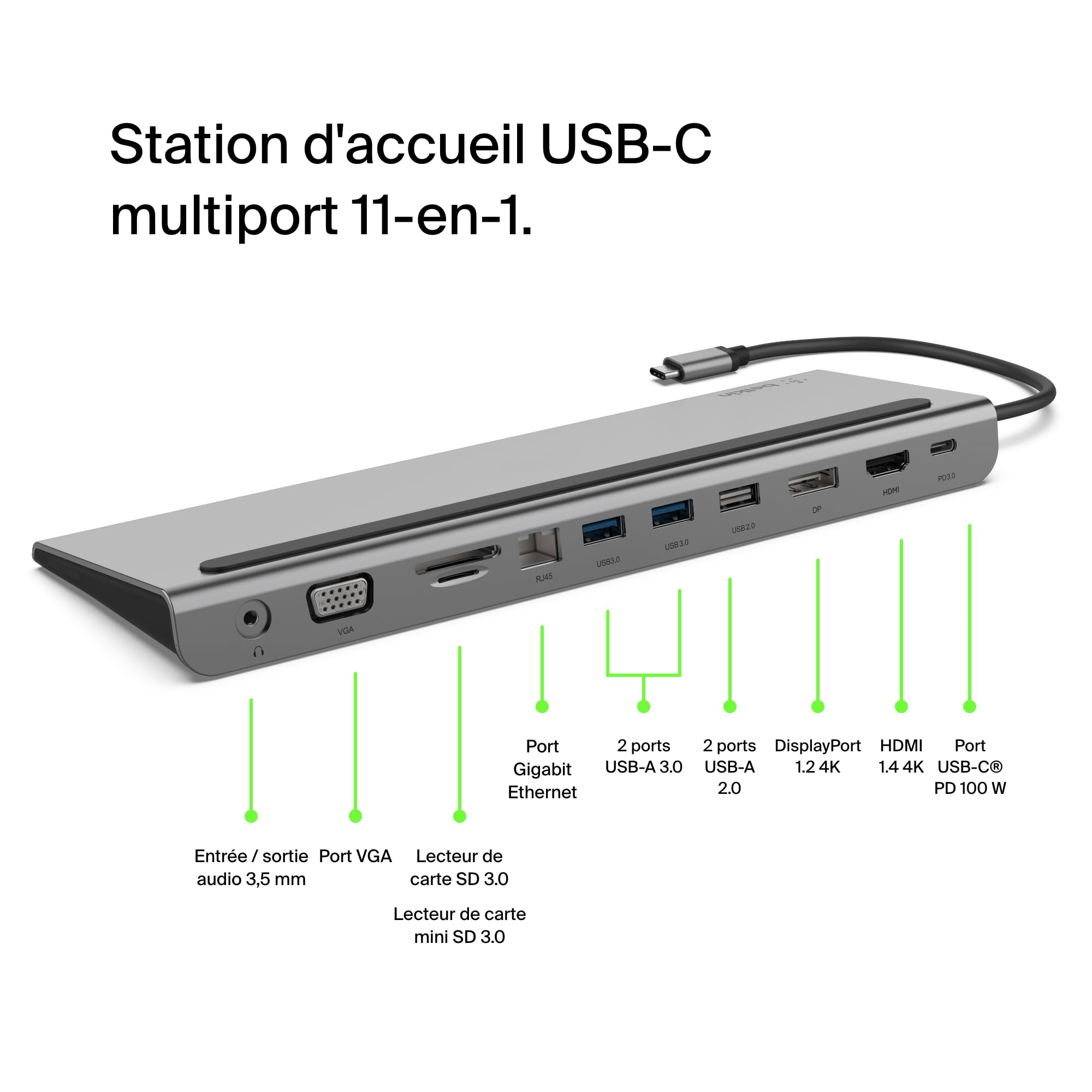 Belkin Station d'accueil USB-C multiport 11-en-1 Hub USB-C 4K HDMI DP VGA USB-C PD 100W 3 USB-A Gigabit Ethernet SD MicroSD 3,5 mm