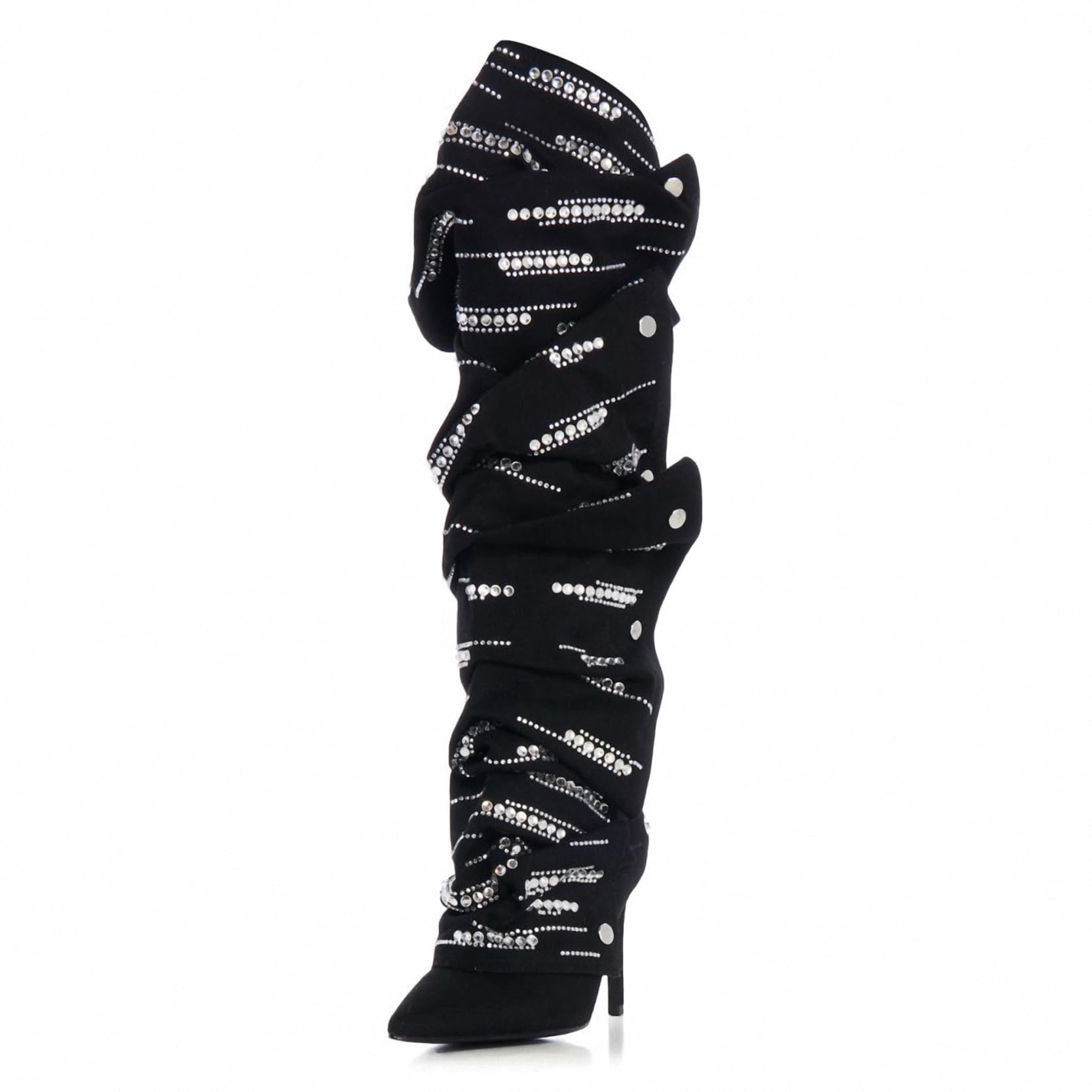 Womens suede Sparkly Rhinestone Stiletto Knee High Pointed Toe Zipper High Heel Shark Boots Sexy Party Wedding Shoes