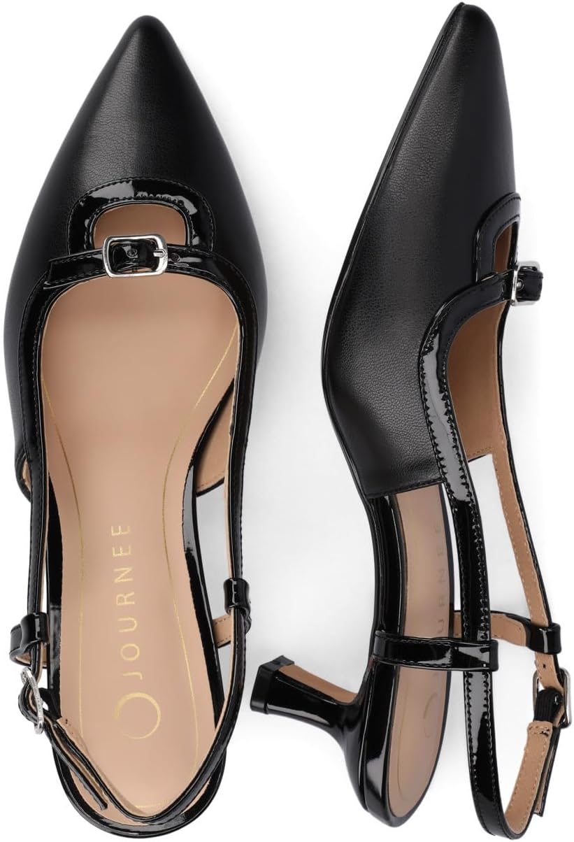 Journee Collection Womens Padma Mesh Sling Back Pumps Cushioned Pointed Toe Kitten Heel Pull On Spring Summer Shoe Black PU 6.5 Wide WOMENS US