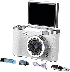 Câmera digital com digital de 8x, câmera de vlog com tela flip de 180° para iniciantes e adultos, Branco