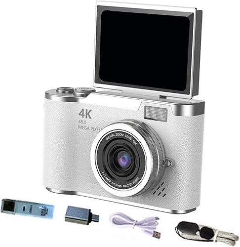 Câmera digital com digital de 8x, câmera de vlog com tela flip de 180° para iniciantes e adultos, Branco
