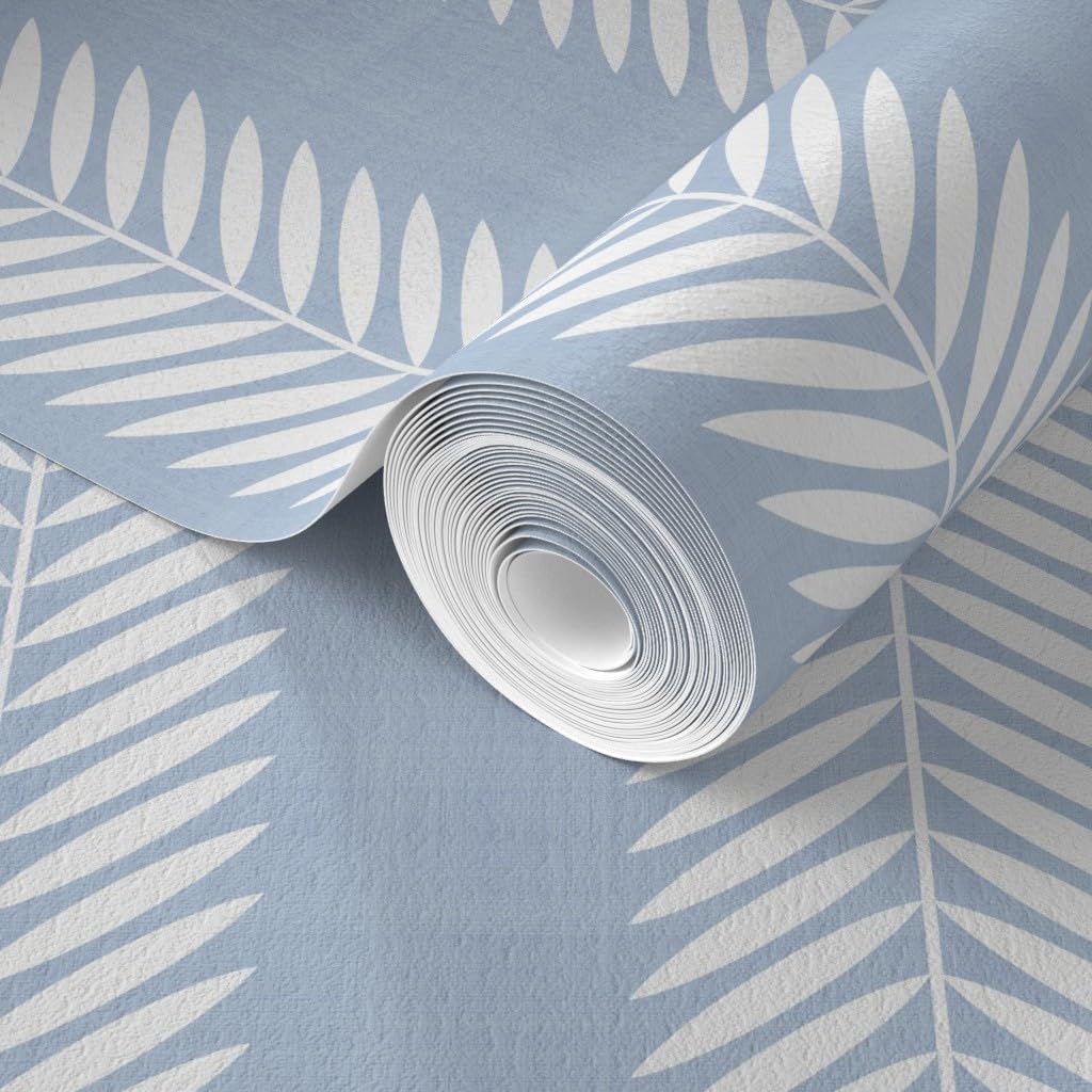Commercial Grade Wallpaper Swatch - Garden Stripe Grandmillennial Classic Cornflower Blue Blue and White Laurel Leaves Simple Minimal Traditional Wallpaper by Spoonflower