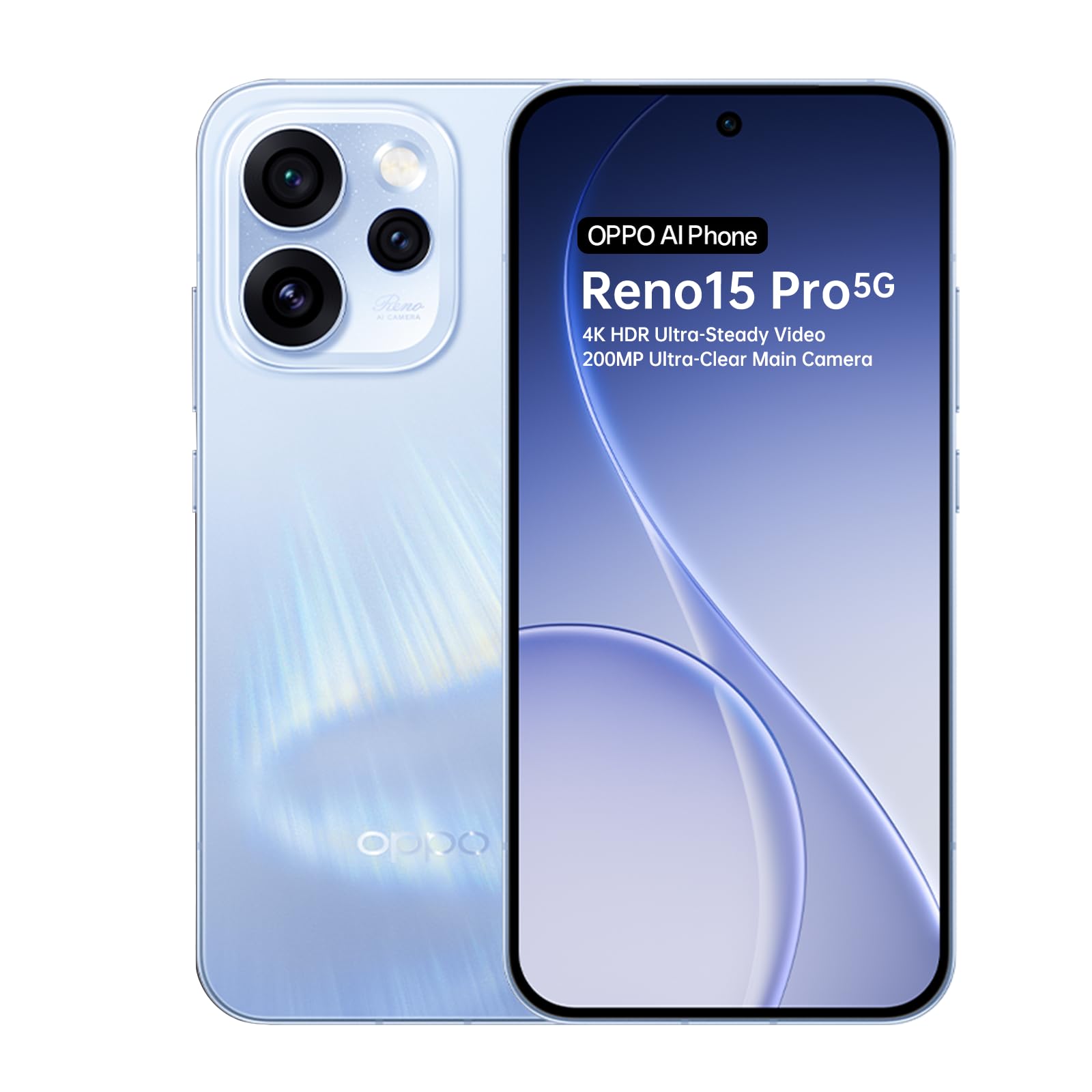 OPPO Reno15 Pro Smartphone, 12+512 GB, Fotocamere Principali da 200 MP, Teleobiettivo da 50 MP, video 4K, AMOLED 120Hz, Batteria 6200 mAh, SUPERVOOC 80W, Dimensity 8450, IP69, Aurora Blue
