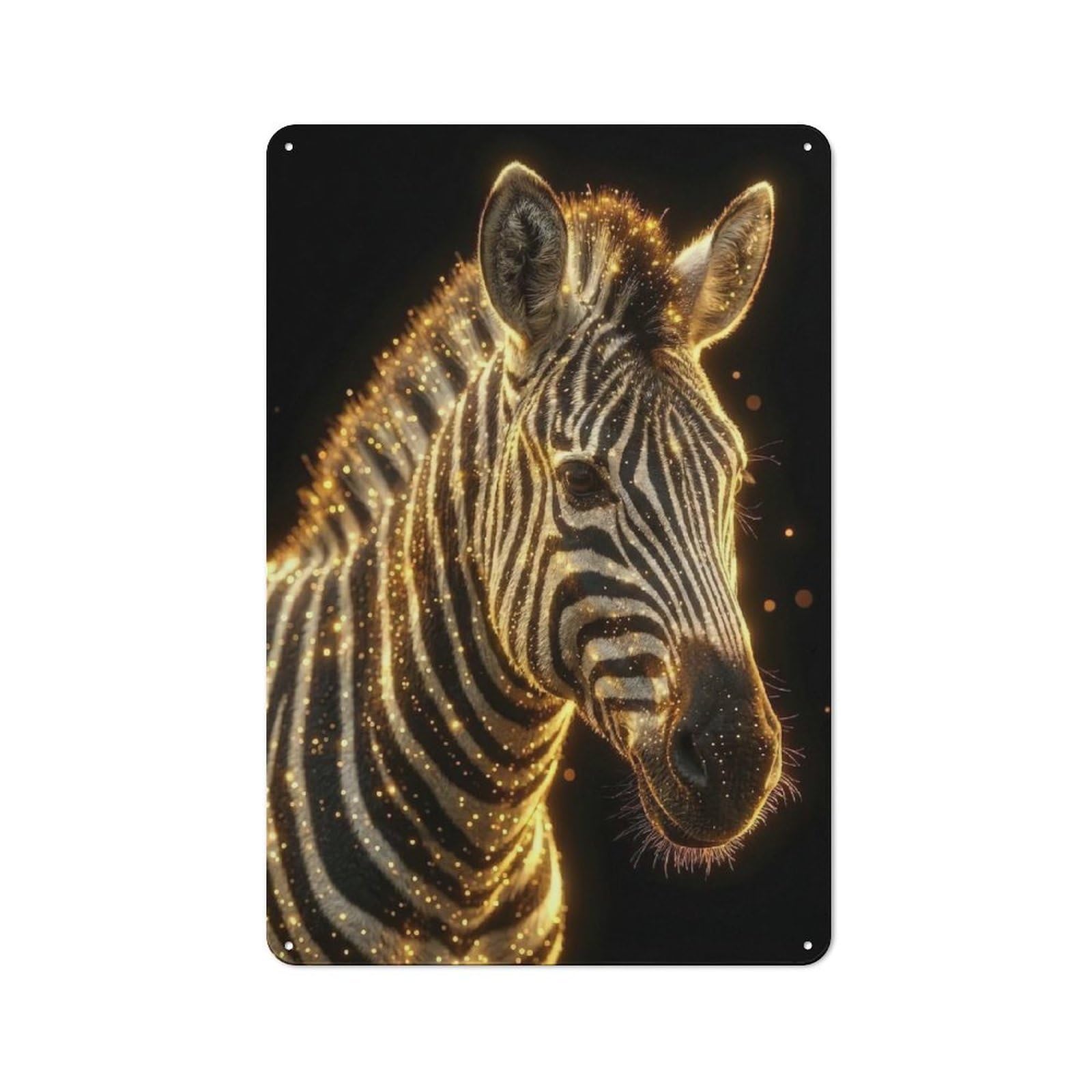 Golden Zebra Portrait on Black Background Decorative Metal Plaque, Easy to Hang Plaque for Garden Shed, Covered Patio, Kitchen Or Hallway, 30x20cm