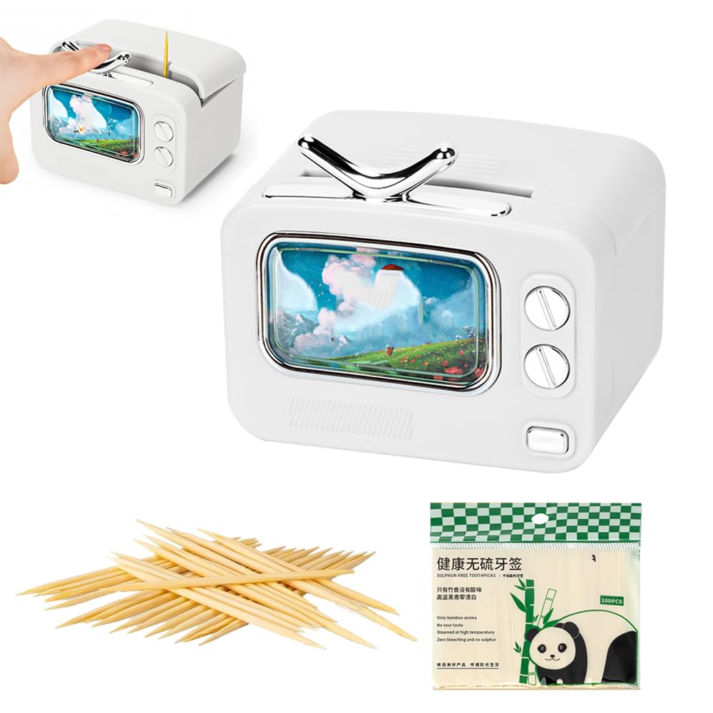 Mini TV-Shaped Toothpick Holder,Fun TV-Shaped Automatic Toothpick Box,Pop-Up Toothpick Dispenser with 100 Natural Wood Toothpicks,Easy To Install (