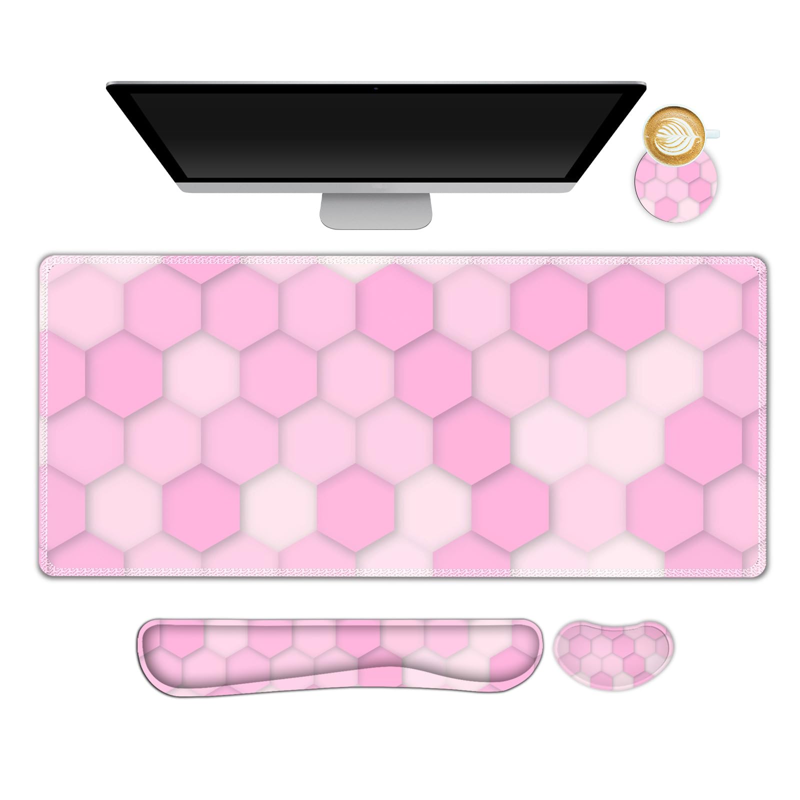 NXZGO Large Gaming Mouse Pad Set, 4 in 1 Extended Keyboard Desk Mat with Wrist Rest, Computer Game Mousepad, Non-Slip Desk Pad Protector Easy Typing Pain Relief for Home Office I Pink Honeycomb