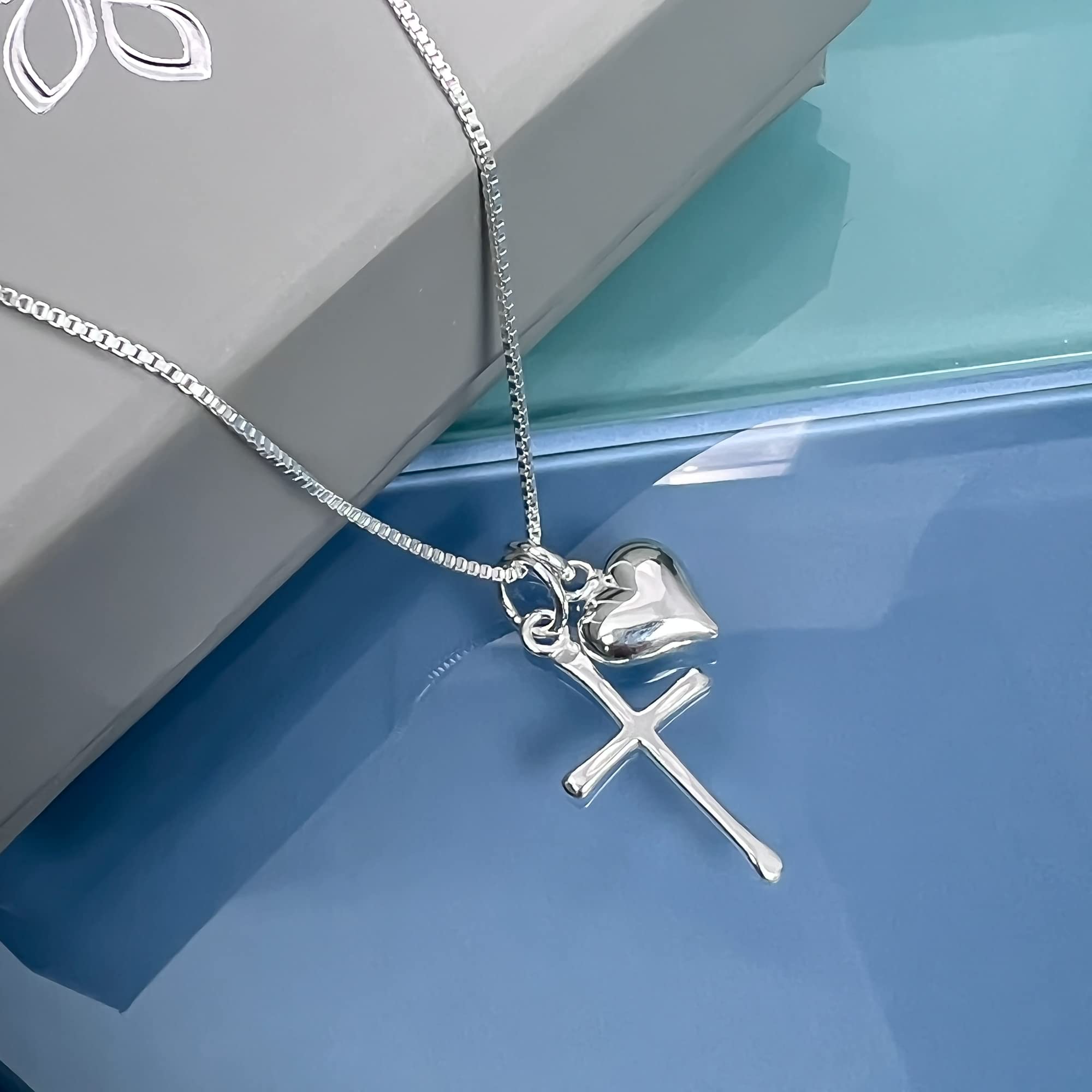Sterling Silver Cross Necklace for Girls, Sterling Silver Cross with Puffed Heart Charm, First Communion Gift Necklace for Daughter, Goddaughter Gift Necklace
