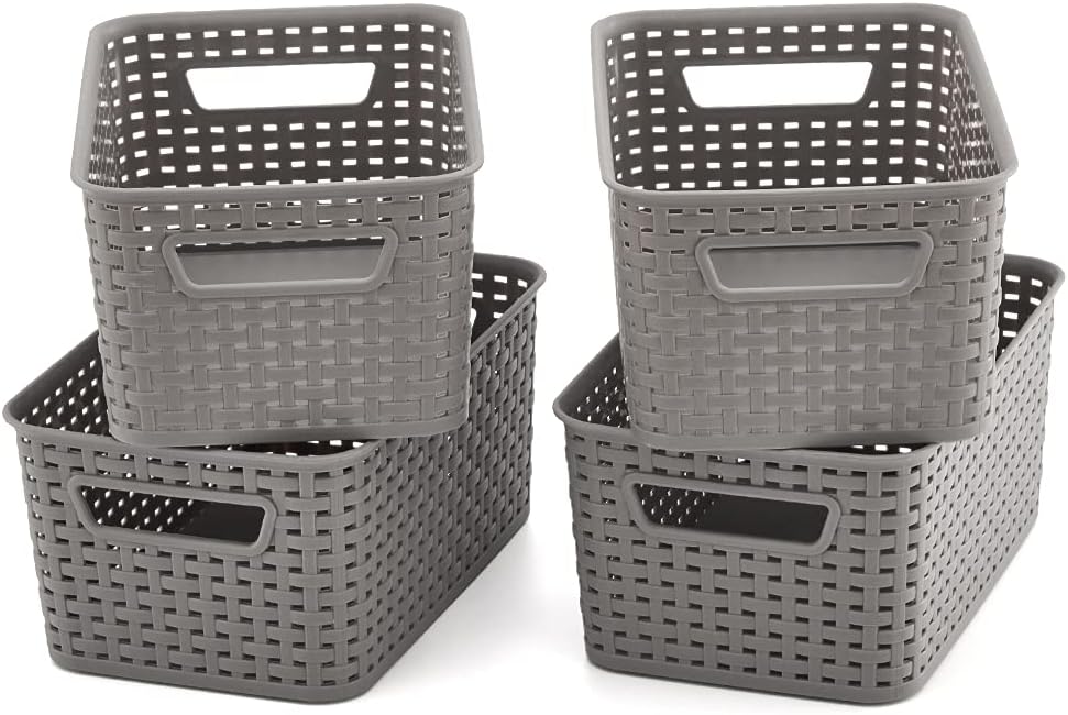 EZOWare 6L Plastic Woven Knit Storage Baskets, Set of 4 Organiser Wicker Bins for Home, Kitchen Pantry, Cupboard, Office and School - (28x18.5x13 cm, Grey)