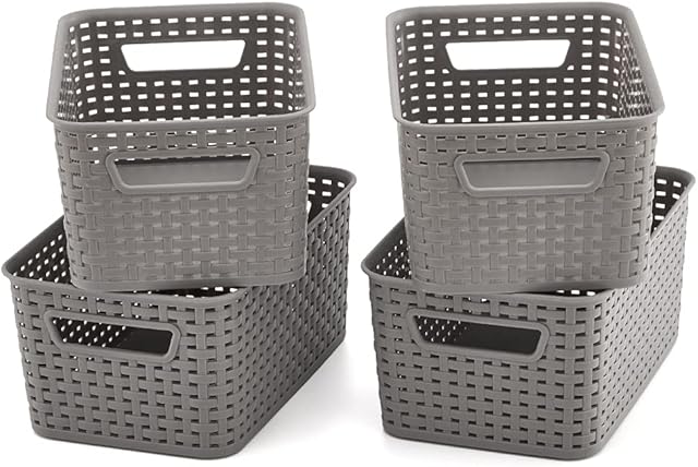 EZOWare Plastic Woven Knit Storage Baskets, Set of 4 Organiser Wicker Bins for Home, Kitchen Pantry, Cupboard, Office and School - ( 28 x 18.5 x 13 cm, Grey )