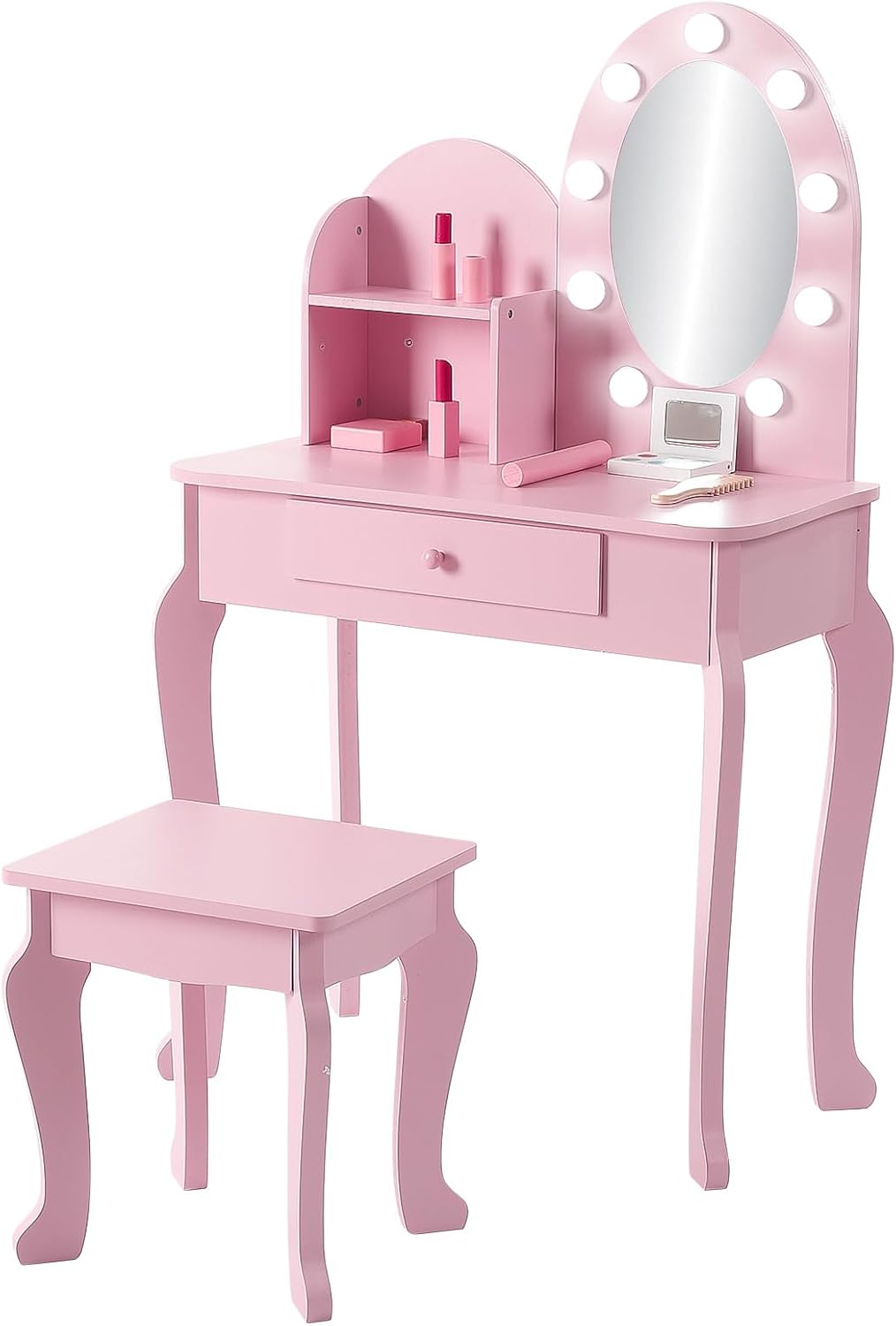 Garvee Kids Vanity Set with Touch Lighted Mirror, Pretend Play Girls Vanity Table and Chair Set with Mirror, Stool, and Wood Makeup Playset, Pink