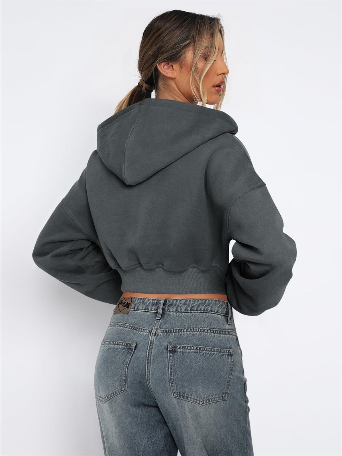 Zip Up Cropped Sudadera de Las Mujeres Manga Larga Color sólido Suelto Cuello Redondo Escotado Jersey con Capucha Chaqueta de Ropa Exterior,Gris,M