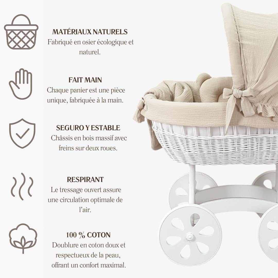 Wiklinopol Couffin Bébé avec Support en Bois et roulettes Annabell – Berceau en Osier avec Matelas et Linge 5 Pièces Mousseline Beige – Poussette de lit Blanc pour Nouveau-né