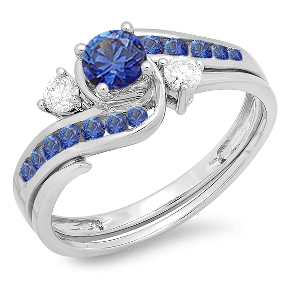 10K Blue Sapphire And White Diamond Swirl Bridal Engagement Ring Set, White Gold