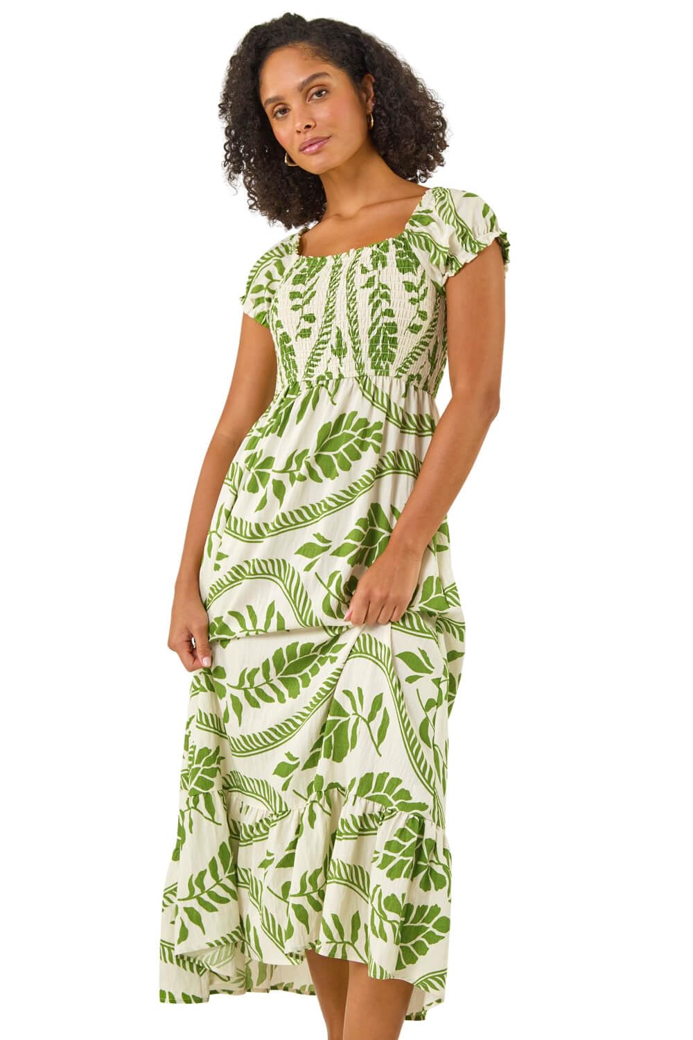 Roman Women's Green Leaf Print Shirred Maxi Dress Size 16