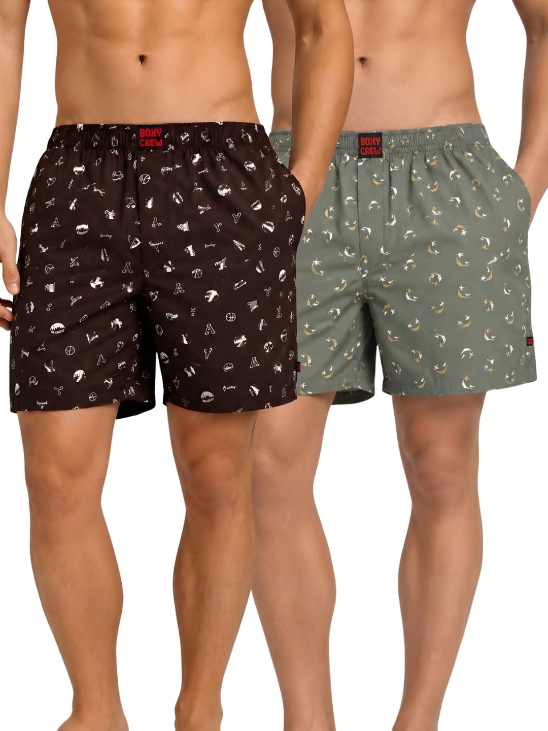 Men Boxer Shorts Pack of 2, 100% Cotton Woven Boxers, Brown & Green, Printed Designs, Dual Side Pockets, No-Marks Inner Elastic Waistband, Relaxed Fit Lounge & Sleep Shorts-image-20