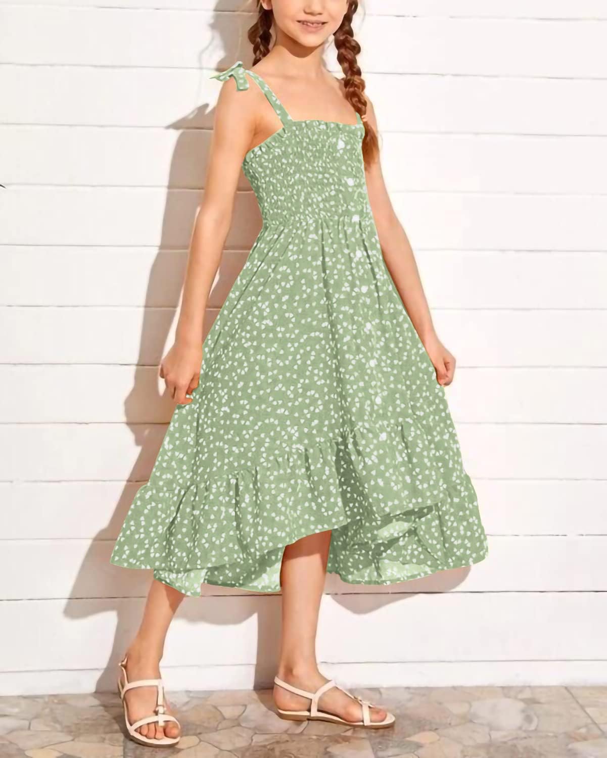 Girls Summer Dress Kids Sleeveless Tie Strap Boho Beach Midi Dress Smocked Ruffle Flowy Sundresses - Image 3