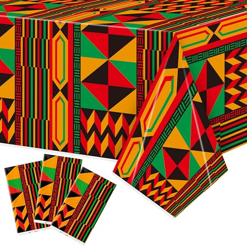 Image of 3 Packs Happy Kwanzaa Happy Juneteenth Tablecloth Decorations, African Disposable Waterproof Plastic Striped Checkered Table Covers, Afro Tablecloths for African-American Party Favor Supplies