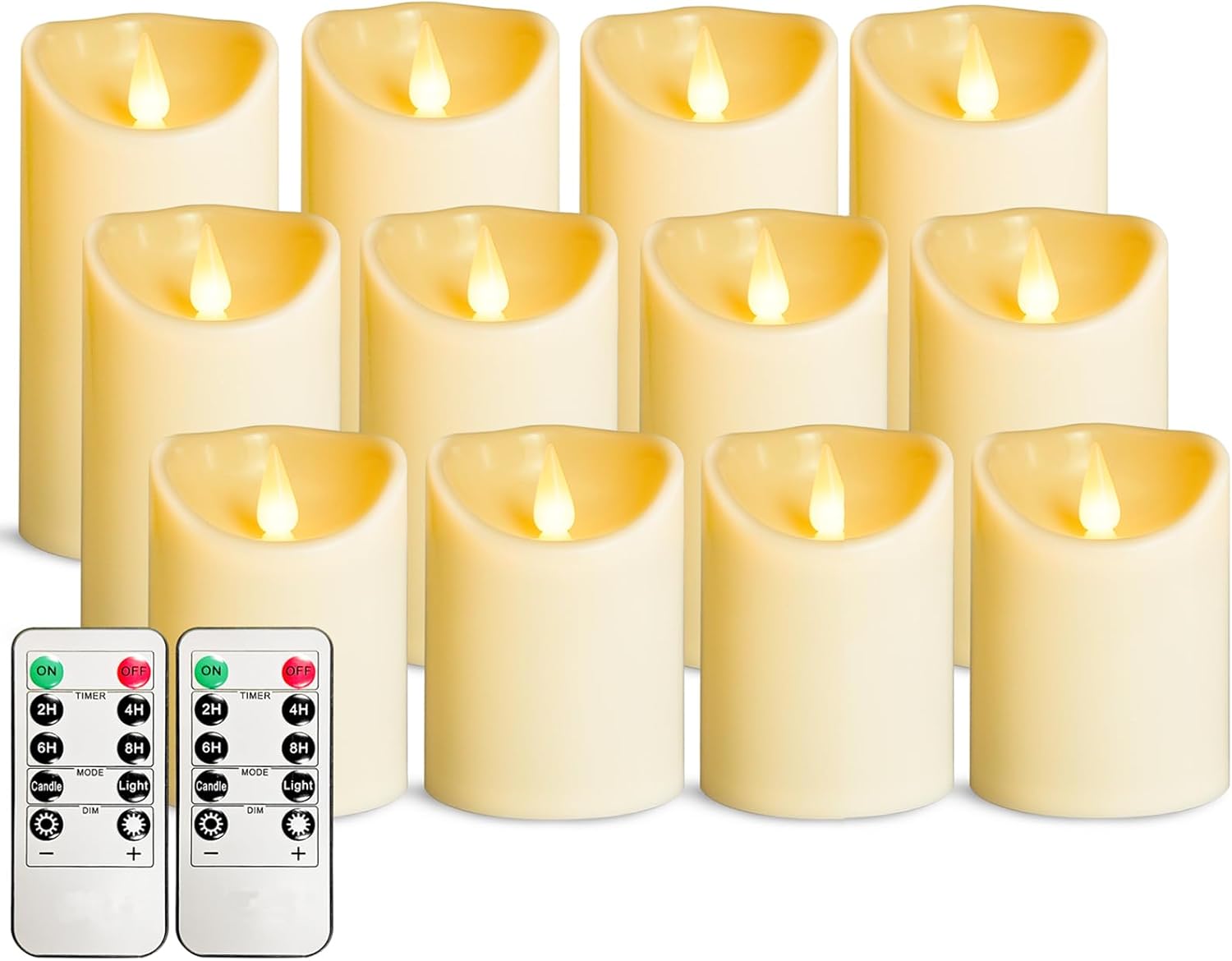 LEOSAN led Flameless Candles Outdoor Indoor Battery Operated Flickering Candles with Remote Timers, Won't Melt, Ivory Plastic D3 xH4 5" 6" for Halloween, Party, Valentine's Day, Wedding (12 pcs)