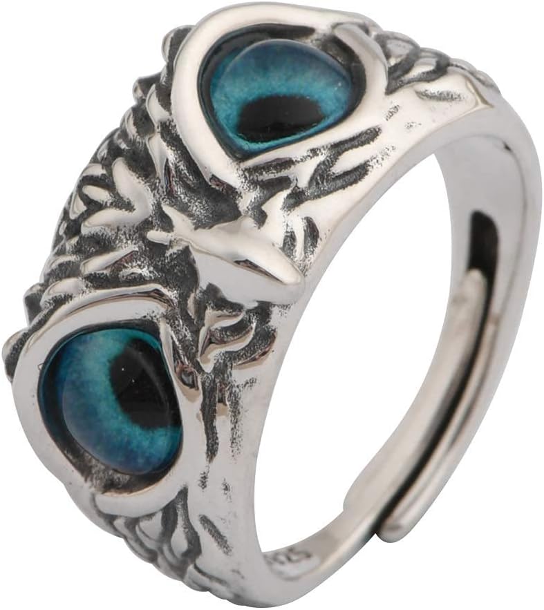 VOMONO AnBK Adjustable Sterling Silver Demon Eye Owl Ring, 925 Silver Demon Eye Owl Ring, Retro Animal Open Adjustable Ring, Jewelry Gift for Women and Men
