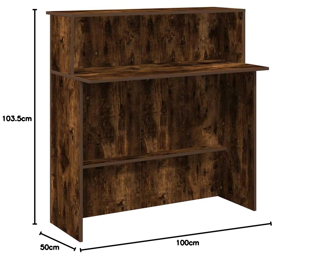 Mesita de recepción de roble ahumado, 100 x 50 x 103,5 cm, material de madera, mesa de oficina con mostrador y estante integrados, diseño moderno para oficina de empresas, vestíbulo de hotel