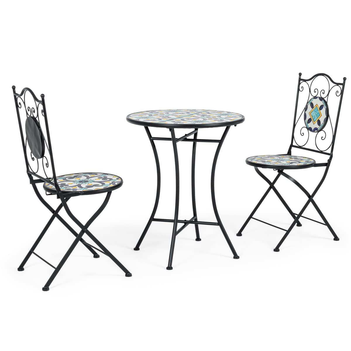Yellowshop - Set Bistrot Positano da Giardino, Balcone, Veranda, Terrazzo 3 Pezzi, Tavolo e 2 Sedie Pieghevoli in Metallo e Piano in Ceramica Decorata Maiolica