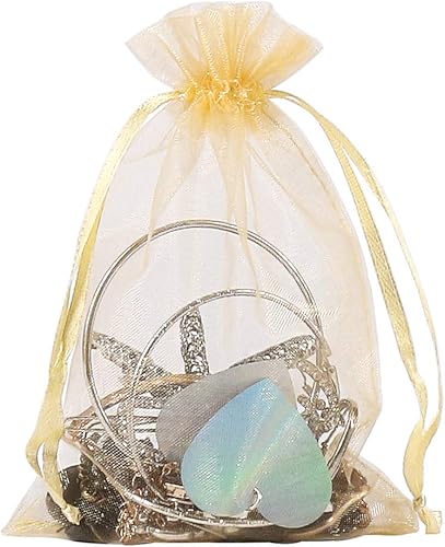 Miniatura 6 de HRX Package 100 bolsas de regalo de organza dorada, 4 x 6 pulgadas, de malla de caramelo, con cordón, bolsas de joyería para Navidad, boda, fiesta