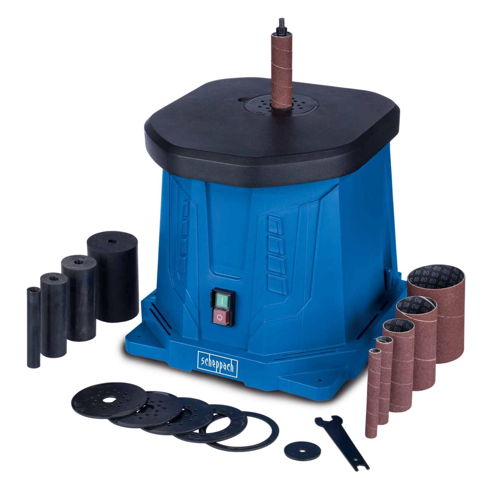 Scheppach Oszillierender Spindelschleifer OSM100 Spindelschleifmaschine mit 6 Schleifhülsen, Walzen & Tischeinlagen | Leistung 450W | Hub 16mm | SpindelØ 12,7mm | Schleifhöhe 98mm | Frequenz 58 min-1