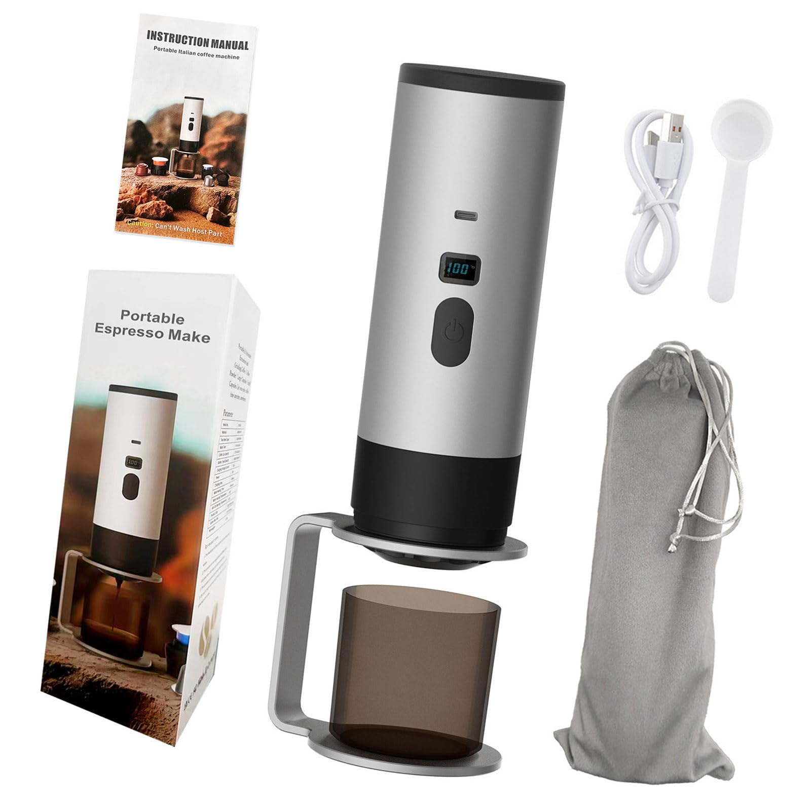 Kalttoy Grey Portable Electric Espresso Machine Auto Heating Usb Rechargeable Compacts Capsuled Coffee Maker For Car Camping Travel Portable Coffee Machine