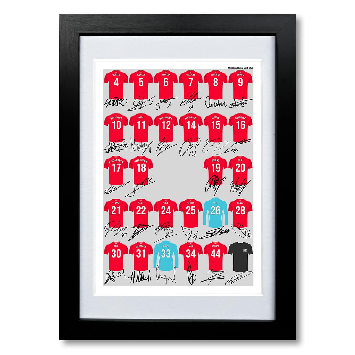 Nottingham Forest team squad 2024-2025 Signed poster print framed picture photo autograph gift 24/25 Gibbs-White Yates (A4 framed & mounted)